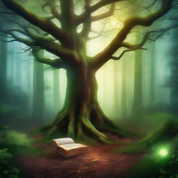 Create a captivating book cover featuring an enchanted forest with a mystical glow, ancient trees, and a hidden path