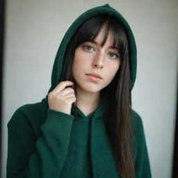 casual photograpy medium body, female with black hip hop tematic hoodie, 23 year old with green eyes and black long hai with withe streaks in the bangs .,freckles, self on the mirror, relax time, medium distance shot, 4k hd,  --style raw--v 5.2 ar 2-3