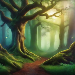 Create a captivating book cover featuring an enchanted forest with a mystical glow, ancient trees, and a hidden path