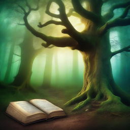 Create a captivating book cover featuring an enchanted forest with a mystical glow, ancient trees, and a hidden path