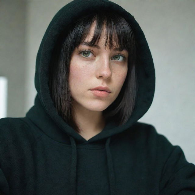 casual photograpy medium body, female with black hip hop tematic hoodie, 23 year old with green eyes and black long hai with withe streaks in the bangs .,freckles, self on the mirror, relax time, medium distance shot, 4k hd,  --style raw--v 5.2 ar 2-3