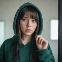 casual photograpy medium body, female with black hip hop tematic hoodie, 23 year old with green eyes and black long hai with withe streaks in the bangs .,freckles, self on the mirror, relax time, medium distance shot, 4k hd,  --style raw--v 5.2 ar 2-3