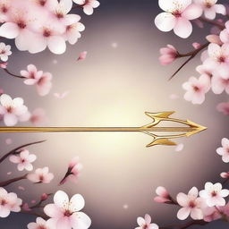 A long, golden floating arrow adorned with a beautiful cherry blossom pattern