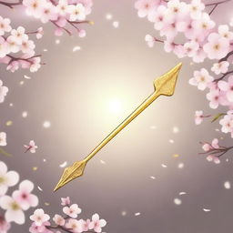 A long, golden floating arrow adorned with a beautiful cherry blossom pattern