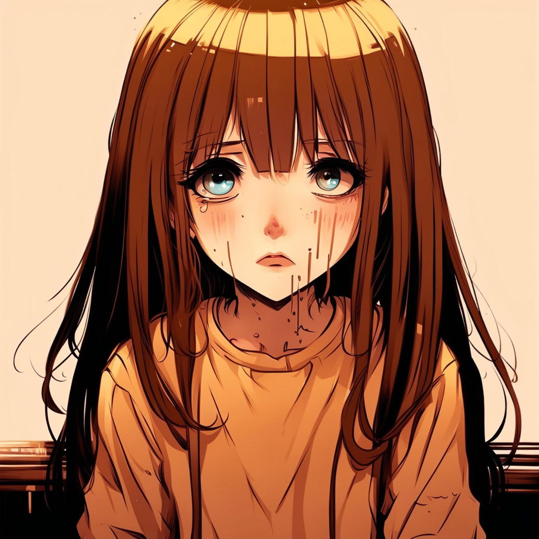 A pretty cartoon girl with long pigtails and side bangs, wearing a long-sleeved shirt, is shown crying with a soft and simple background