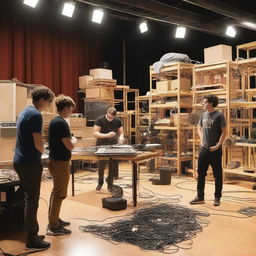 A group of high school theater tech kids working behind the scenes