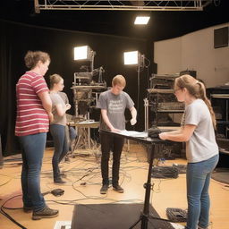 A group of high school theater tech kids working behind the scenes