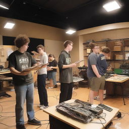 A group of high school theater tech kids working behind the scenes