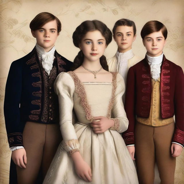 Create a Bridgerton-style movie poster featuring a young girl and her three brothers