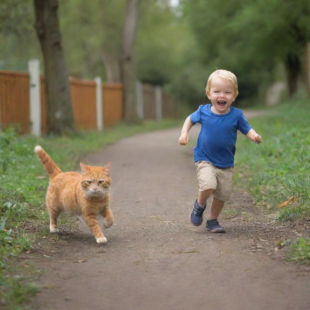 A joyful little child being chased by a playful orange cat in a safe outdoor setting