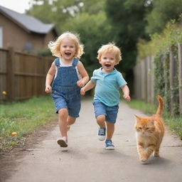 A joyful little child being chased by a playful orange cat in a safe outdoor setting