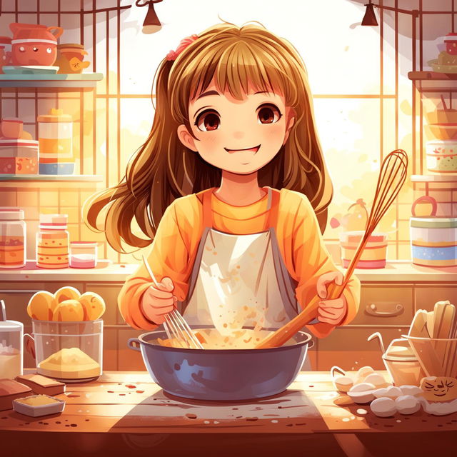 A pretty cartoon girl with long pigtails and side bangs, wearing a long-sleeved shirt, is smiling while baking in a cozy, sunlit kitchen filled with baking ingredients and utensils