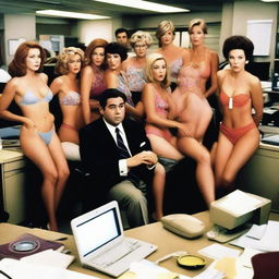 A single man sitting in an office surrounded by multiple women wearing swimsuits