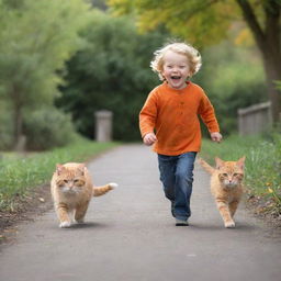 A joyful little child being chased by a playful orange cat in a safe outdoor setting