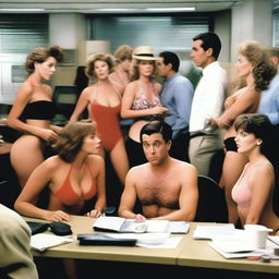 A single man sitting in an office surrounded by multiple women wearing swimsuits