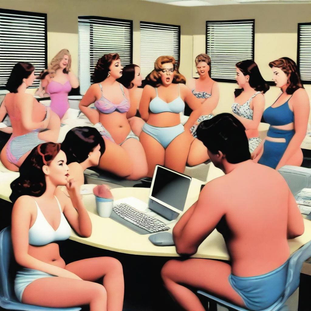 A man sitting in an office surrounded by several women wearing swimsuits