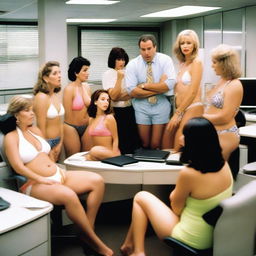 A man sitting in an office surrounded by several women wearing swimsuits