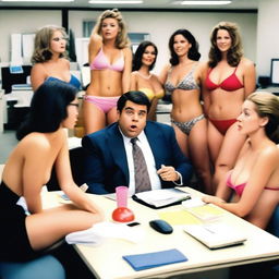 A man sitting in an office surrounded by several women wearing swimsuits