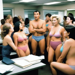 A man sitting in an office surrounded by several women wearing swimsuits