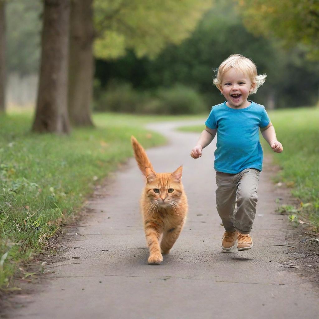 A joyful little child being chased by a playful orange cat in a safe outdoor setting