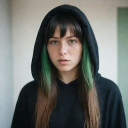 casual photograpy medium body, female with black hip hop hoodie, 23 year old with green eyes and black long hai with withe streaks in the bangs .,freckles, self on the mirror, relax time, medium distance shot, 4k hd,  --style raw--v 5.2 ar 2-3