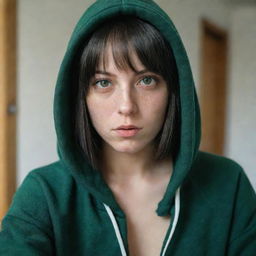 casual photograpy medium body, female with black hip hop hoodie, 23 year old with green eyes and black long hai with withe streaks in the bangs .,freckles, self on the mirror, relax time, medium distance shot, 4k hd,  --style raw--v 5.2 ar 2-3