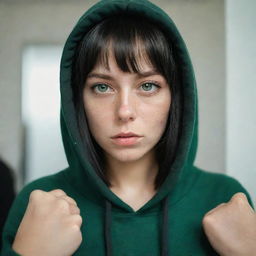 casual photograpy medium body, female with black hip hop hoodie, 23 year old with green eyes and black long hai with withe streaks in the bangs .,freckles, self on the mirror, relax time, medium distance shot, 4k hd,  --style raw--v 5.2 ar 2-3