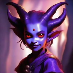 A purple-skinned tiefling child with red eyes and long horns