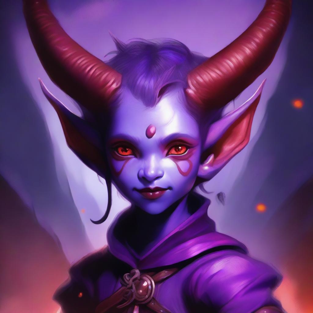 A purple-skinned tiefling child with red eyes and long horns