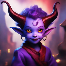 A purple-skinned tiefling child with red eyes and long horns