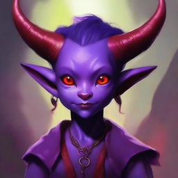 A purple-skinned tiefling child with red eyes and long horns