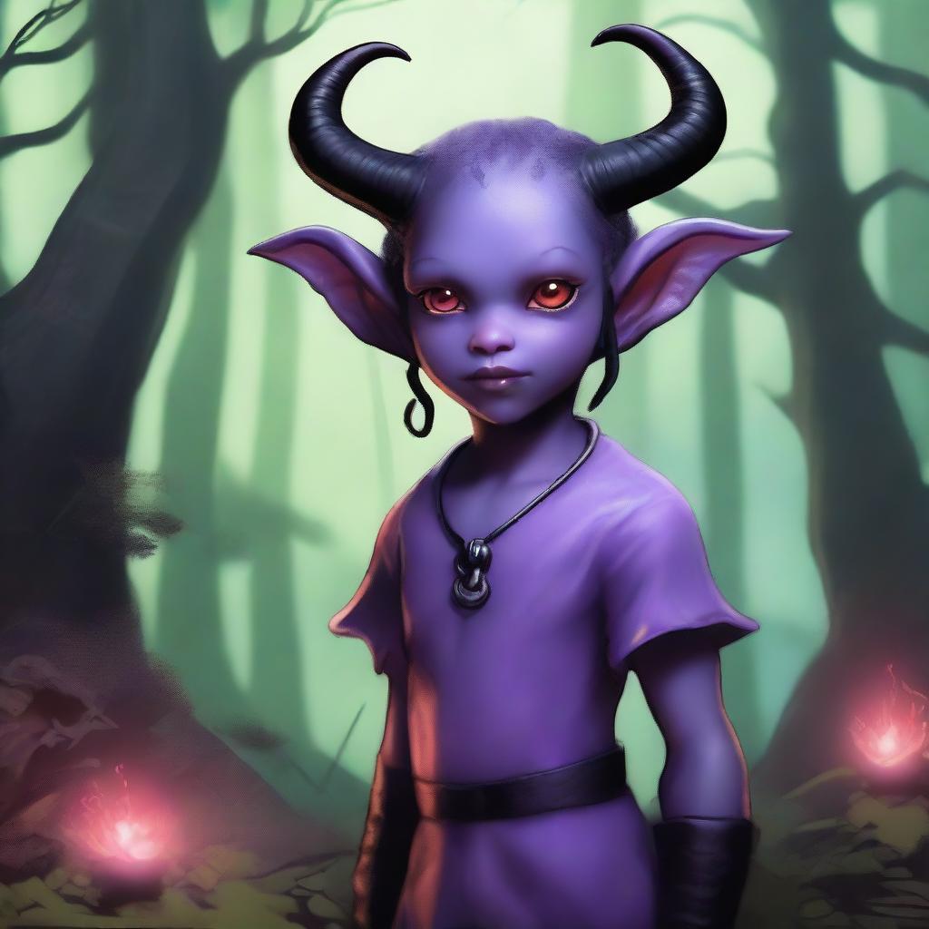 A light purple-skinned tiefling child with red eyes and black horns, standing in a fantasy setting