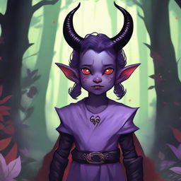 A light purple-skinned tiefling child with red eyes and black horns, standing in a fantasy setting