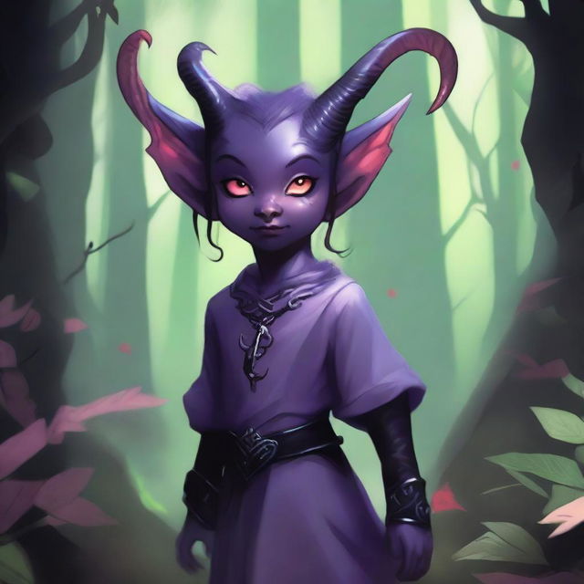 A light purple-skinned tiefling child with red eyes and black horns, standing in a fantasy setting