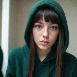 casual photograpy medium body, female with black hip hop hoodie, 23 year old with green eyes and black long hai with withe streaks in the bangs .,freckles, self on the mirror, relax time, medium distance shot, 4k hd,  --style raw--v 5.2 ar 2-3
