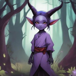 A light purple-skinned tiefling child with red eyes and black horns, standing in a fantasy setting