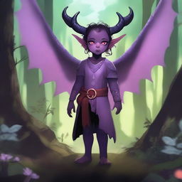 A light purple-skinned tiefling child with red eyes, long black horns, and wings