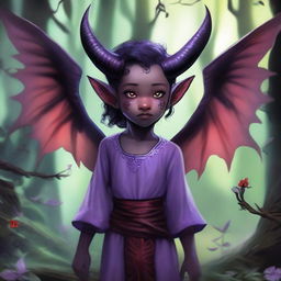 A light purple-skinned tiefling child with red eyes, long black horns, and wings