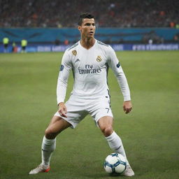 Cristiano Ronaldo on a soccer field, ready to perform a spectacular goal with a powerful kick. His determined expression conveying a champion mindset in the middle of an integral game.