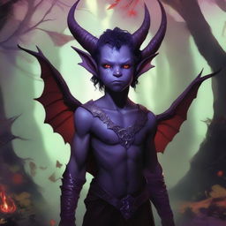 A purple-skinned tiefling male child with red eyes, long black horns, and wings