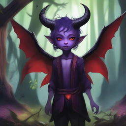 A purple-skinned tiefling male child with red eyes, long black horns, and wings