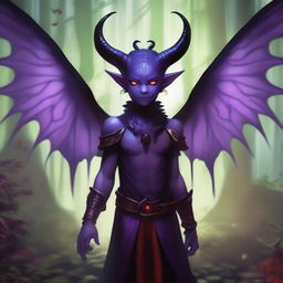 A purple-skinned tiefling male child with red eyes, long black horns, and wings