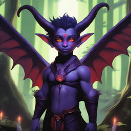 A purple-skinned tiefling male child with red eyes, long black horns, and wings