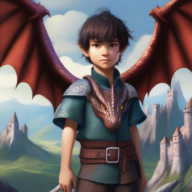 A young male child who is a dragon shifter, featuring a blend of human and dragon characteristics