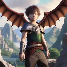 A young male child who is a dragon shifter, featuring a blend of human and dragon characteristics