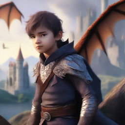 A young male child who is a dragon shifter, featuring a blend of human and dragon characteristics