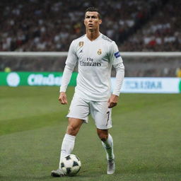 Cristiano Ronaldo on a soccer field, ready to perform a spectacular goal with a powerful kick. His determined expression conveying a champion mindset in the middle of an integral game.