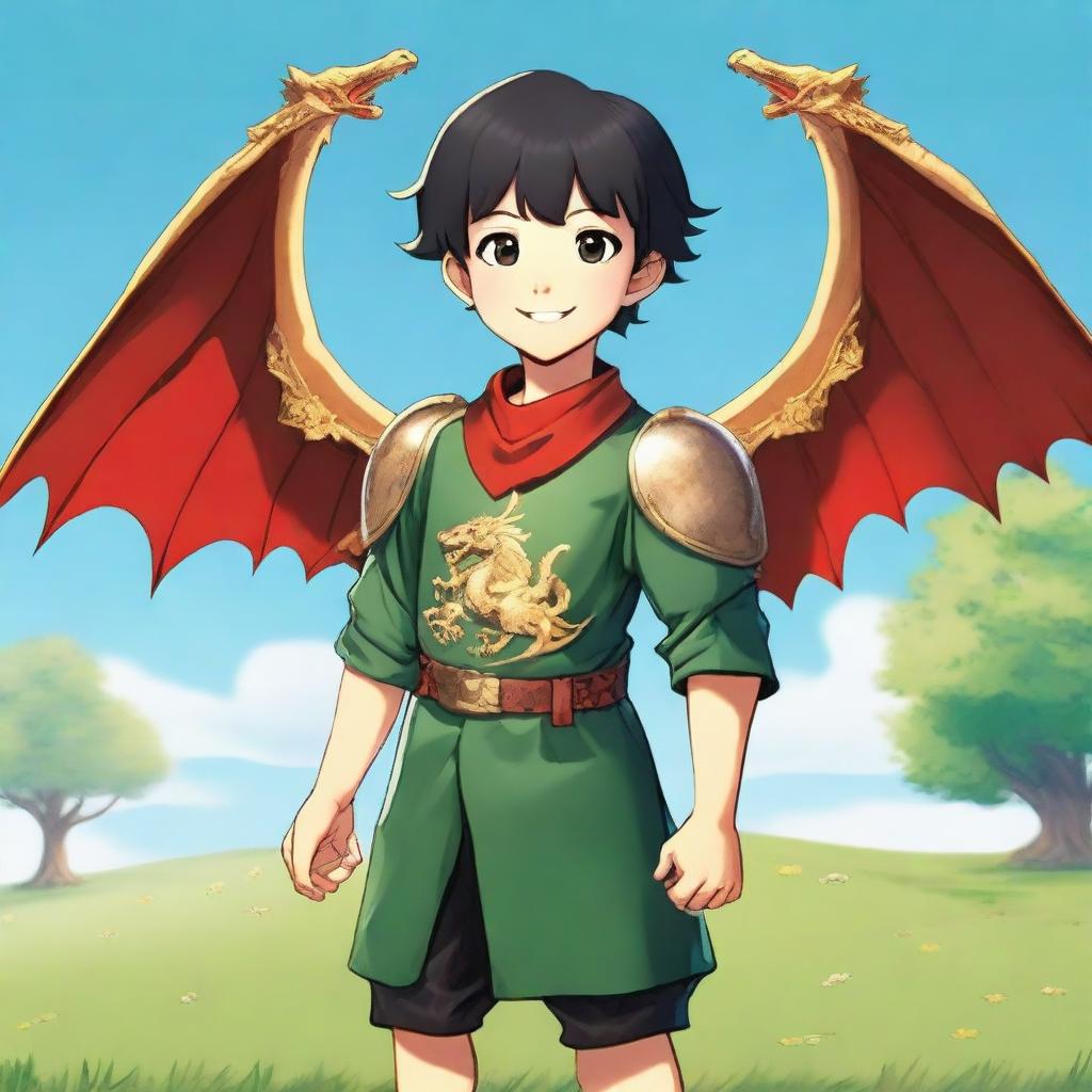 A red-skinned male child with golden dragon wings, standing confidently with a smile