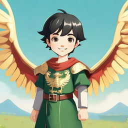 A red-skinned male child with golden dragon wings, standing confidently with a smile