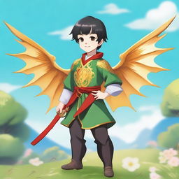 A red-skinned male child with golden dragon wings, standing confidently with a smile